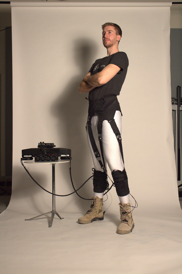 Robotic ankles attached to a soft robotic exosuit. Image: Harvard Biodesign Lab